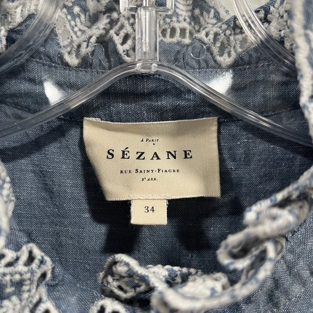 Sézane Chlo Blue Chambray Denim Lace Eyelet Embroidered‎ Shirt Size EU 34